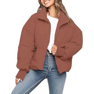 👑Women's Winter Puffer Jacket Brown Outerwear Long Sleeve Short Warm Coat